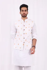 White and Orange Floral Hand Block Nehru Jacket image 1