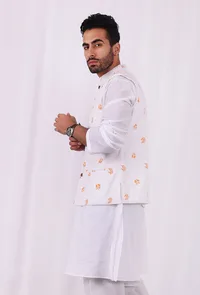 White and Orange Floral Hand Block Nehru Jacket image 2