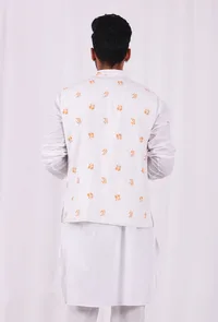 White and Orange Floral Hand Block Nehru Jacket image 4