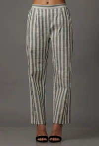 Green and White Stripes Pure Woven Cotton Pants image 1
