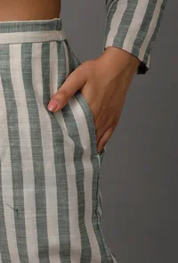 Green and White Stripes Pure Woven Cotton Pants image 4