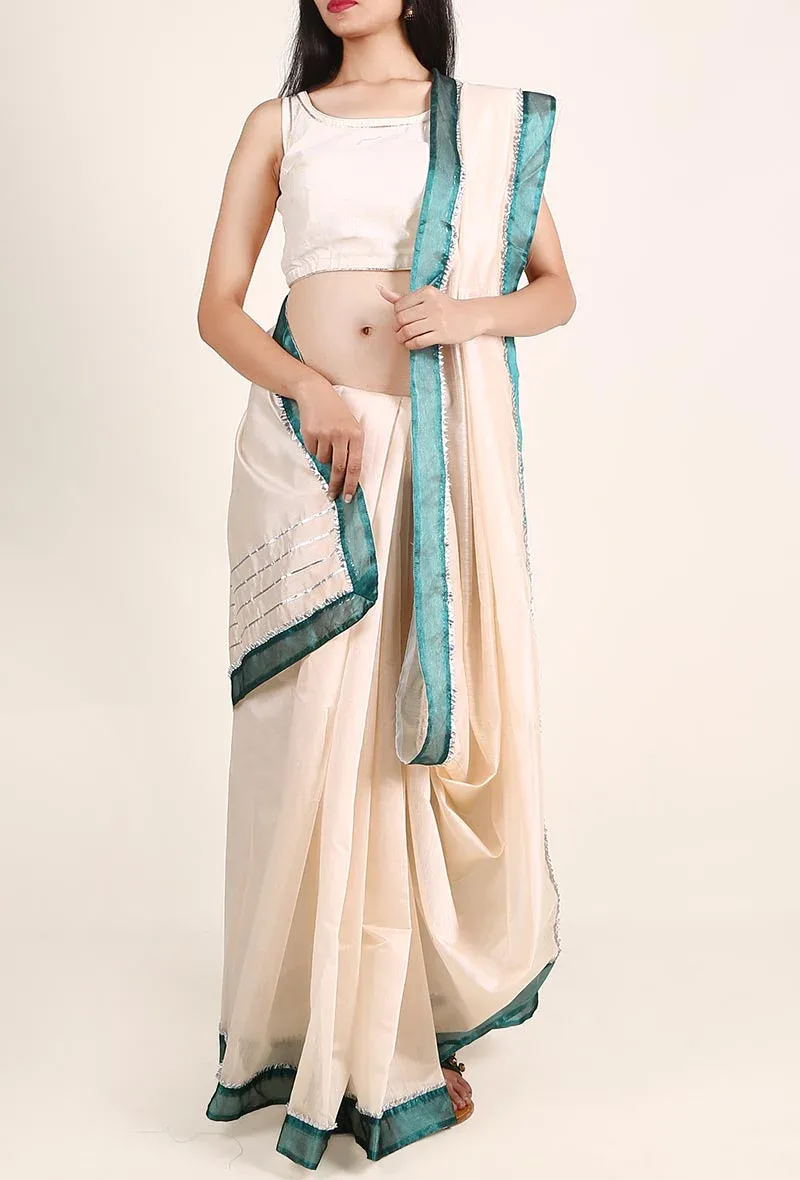 Off White Chanderi Silk Cotton Saree with Gota Embroidery With Dupion Silk Border