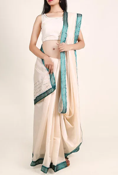 Off White Chanderi Silk Cotton Saree with Gota Embroidery With Dupion Silk Border
