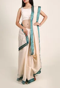Off White Chanderi Silk Cotton Saree with Gota Embroidery With Dupion Silk Border image 2