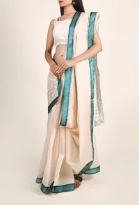 Off White Chanderi Silk Cotton Saree with Gota Embroidery With Dupion Silk Border image 3
