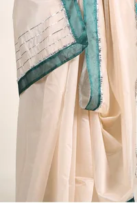 Off White Chanderi Silk Cotton Saree with Gota Embroidery With Dupion Silk Border image 5