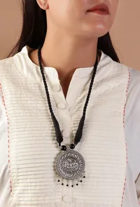 German Silver Laxmi Pendant With Mogra Bead Patua Dori Necklace image 1