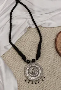 German Silver Laxmi Pendant With Mogra Bead Patua Dori Necklace image 2