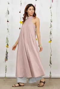 Set of 2: Orchid Pink Khadi Cotton Flared Straight Kurta with Powder Blue Cotton Pants image 2