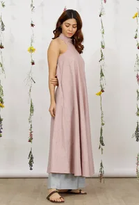 Set of 2: Orchid Pink Khadi Cotton Flared Straight Kurta with Powder Blue Cotton Pants image 3