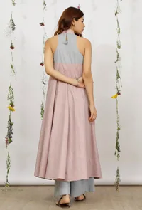 Set of 2: Orchid Pink Khadi Cotton Flared Straight Kurta with Powder Blue Cotton Pants image 4