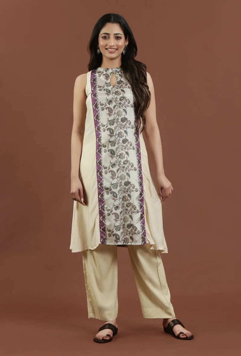 Elegant Beige Kalamkari Panel Printed Silk A-Line Kurta