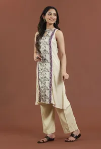Elegant Beige Kalamkari Panel Printed Silk A-Line Kurta image 2