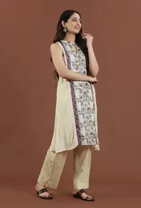 Elegant Beige Kalamkari Panel Printed Silk A-Line Kurta image 3