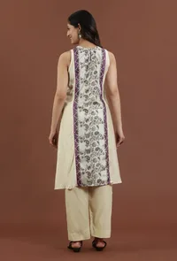 Elegant Beige Kalamkari Panel Printed Silk A-Line Kurta image 4