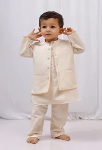 Set of 3: Yellow striped Cotton Kurta and Pajama with Striped Nehru Jacket image 1