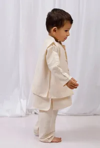 Set of 3: Yellow striped Cotton Kurta and Pajama with Striped Nehru Jacket image 2