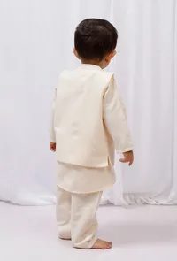 Set of 3: Yellow striped Cotton Kurta and Pajama with Striped Nehru Jacket image 3