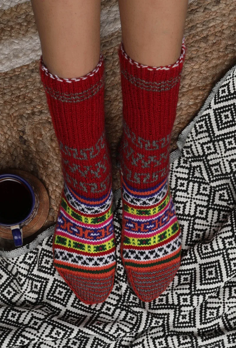 Red & Multi Hand Knitted Woolen Winter Socks