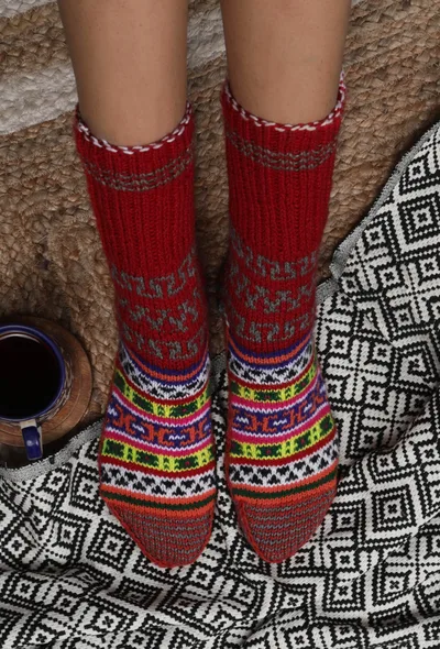 Red & Multi Hand Knitted Woolen Winter Socks