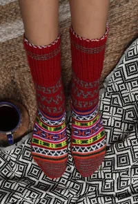 Red & Multi Hand Knitted Woolen Winter Socks image 1