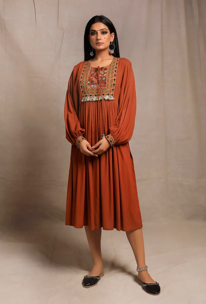 Burnt Brick Front Gathered Embellished Kurta Dress