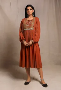 Burnt Brick Front Gathered Embellished Kurta Dress image 1