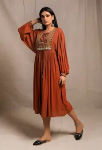 Burnt Brick Front Gathered Embellished Kurta Dress image 2