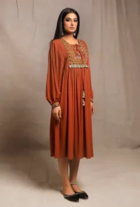 Burnt Brick Front Gathered Embellished Kurta Dress image 3