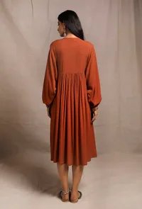 Burnt Brick Front Gathered Embellished Kurta Dress image 4