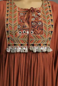 Burnt Brick Front Gathered Embellished Kurta Dress image 5