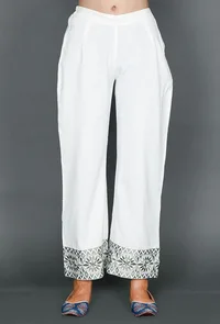 White Palazzos With Olive Green Kantha Embroiderey image 1