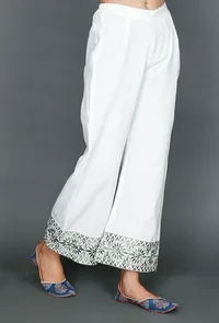 White Palazzos With Olive Green Kantha Embroiderey image 2