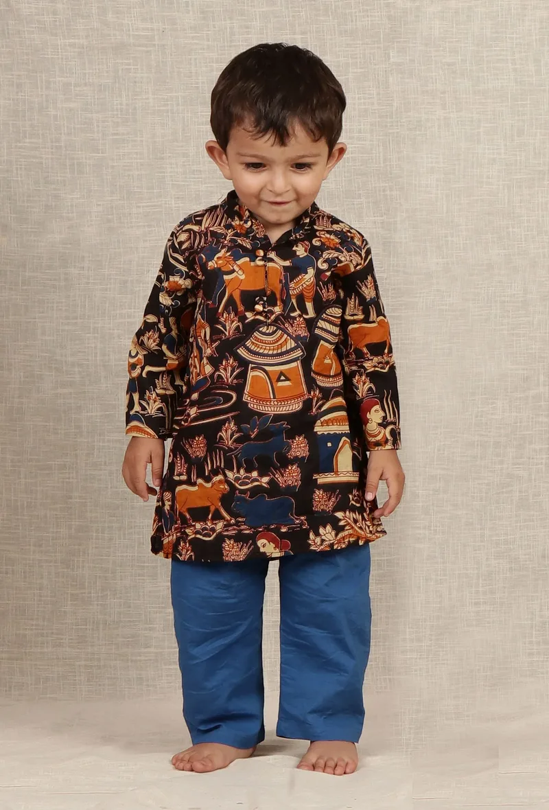 Set Of 2: Milan Black Kalamkari Printed Cotton Kurta & Blue Pyjama