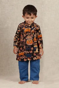 Set Of 2: Milan Black Kalamkari Printed Cotton Kurta & Blue Pyjama image 1