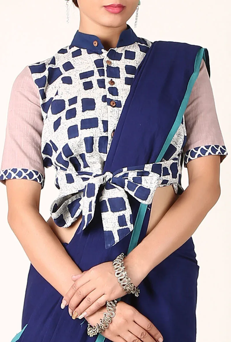 Beige cotton slub and indigo print blouse