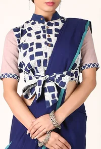 Beige cotton slub and indigo print blouse image 1