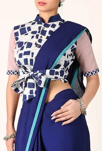 Beige cotton slub and indigo print blouse image 2