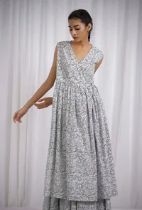 White and Black Cotton Slub Angrakha Printed Kurta image 1