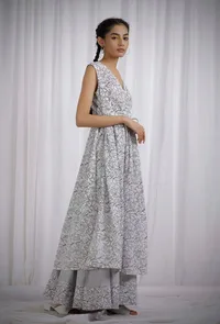 White and Black Cotton Slub Angrakha Printed Kurta image 2