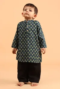 Set Of 2: Mayan Indigo Ajrakh Print Cotton Kurta & Black Pyjama image 1