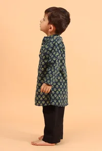 Set Of 2: Mayan Indigo Ajrakh Print Cotton Kurta & Black Pyjama image 2