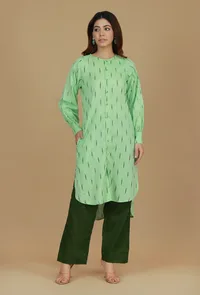 Set of 2 Light Green Ikat Woven Kurta with Solid Dark Green Pants image 1