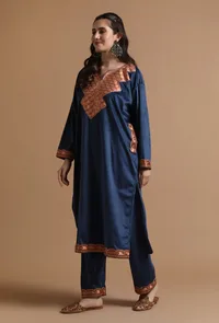 Set Of 3: Cloud Burst Kashmiri Tilla Embroidery Phiran With Pant and Dupatta-Free Size image 4