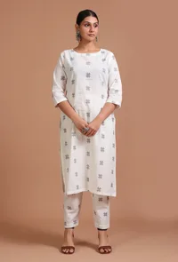 Set Of 2: White & Black Cotton Plain Kurta & Pant Set image 1