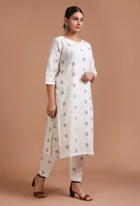 Set Of 2: White & Black Cotton Plain Kurta & Pant Set image 2