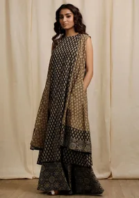 Olive Green with Dark Brown Ajrakh Print Sleeveless Flared Overlay image 1