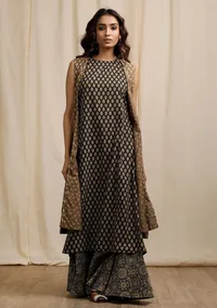 Olive Green with Dark Brown Ajrakh Print Sleeveless Flared Overlay image 2