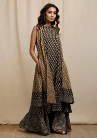 Olive Green with Dark Brown Ajrakh Print Sleeveless Flared Overlay image 3