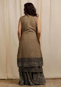 Olive Green with Dark Brown Ajrakh Print Sleeveless Flared Overlay image 4